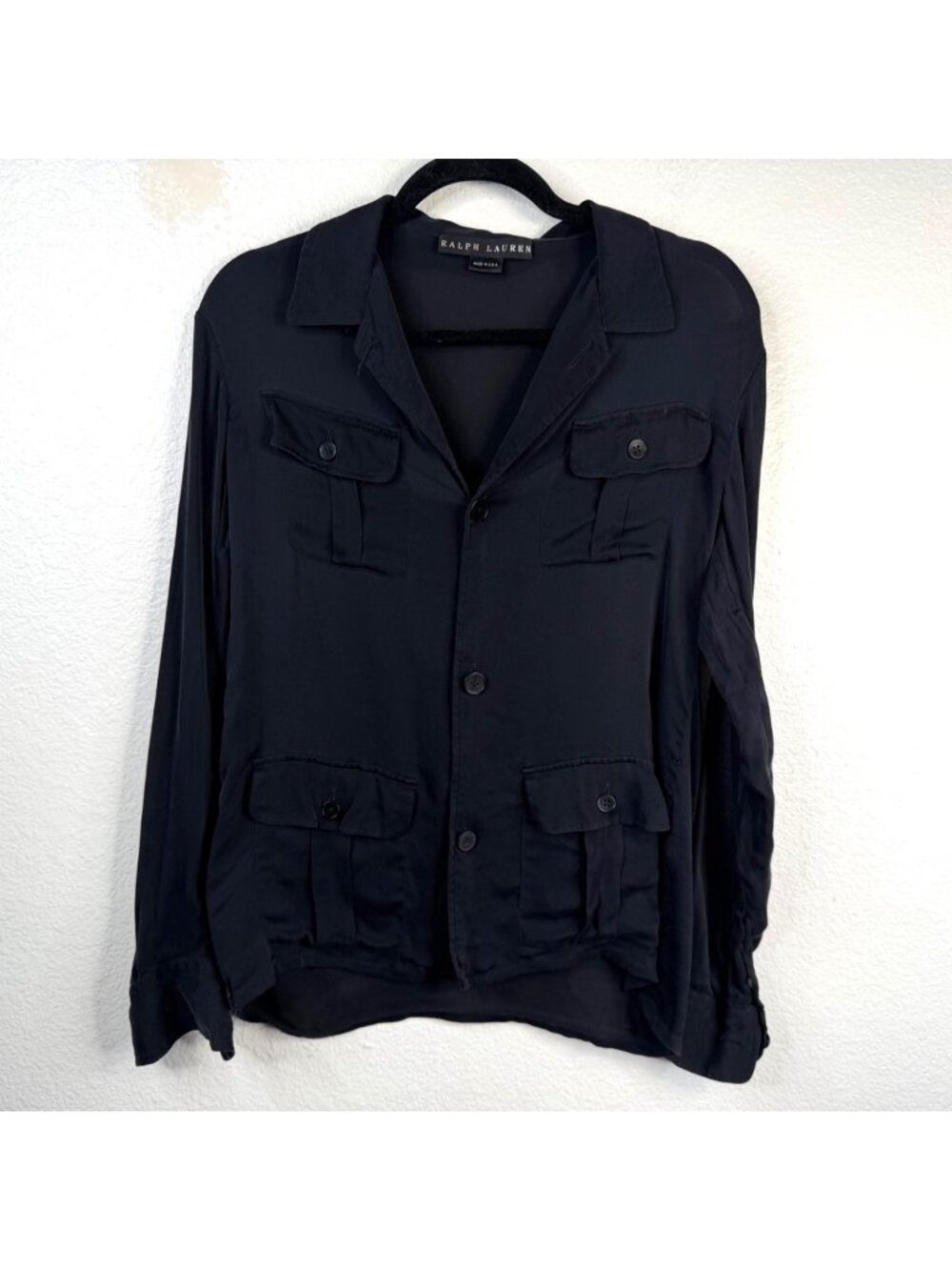 Vintage Ralph Lauren Women's Top Silk Button Up Union Made Black Size 10